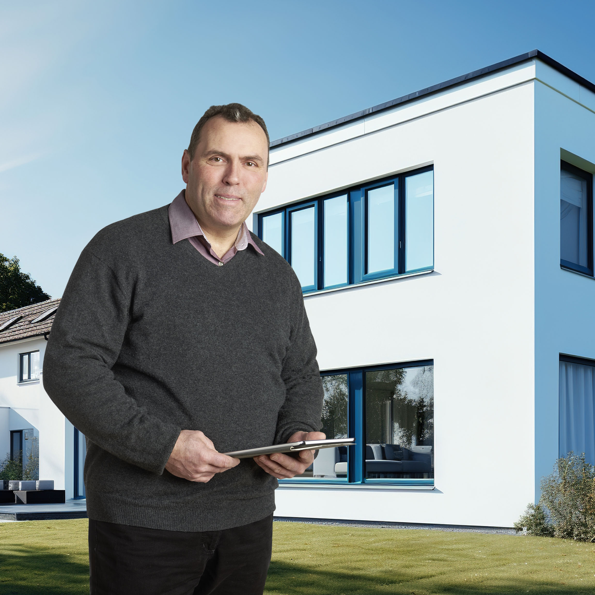 Immobilienverwalter Michael Diemar vor Wohngebäude bei der Objektbetreuung mit Tablet
