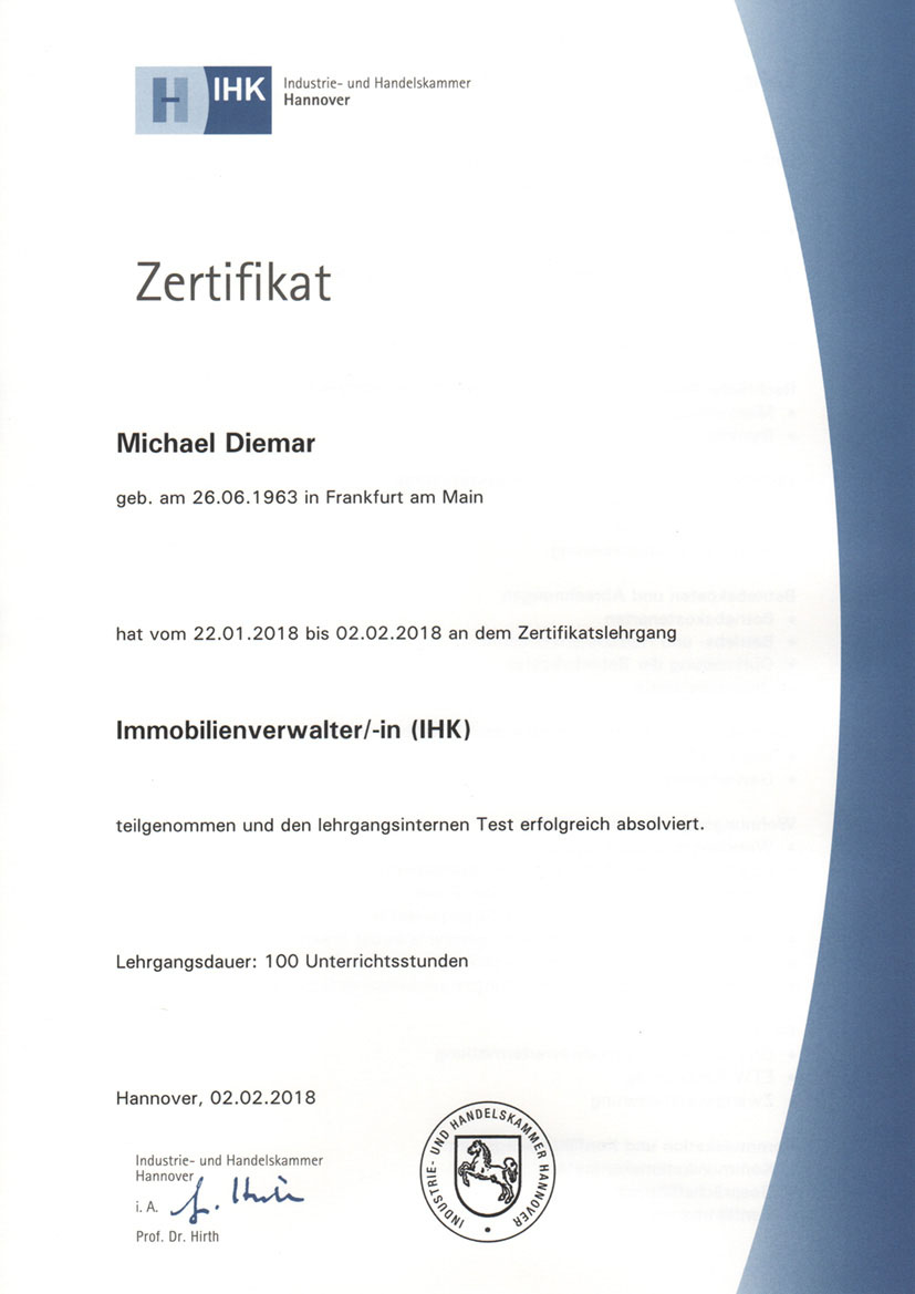 Zertifikat Michael Diemar Hausverwalter IHK